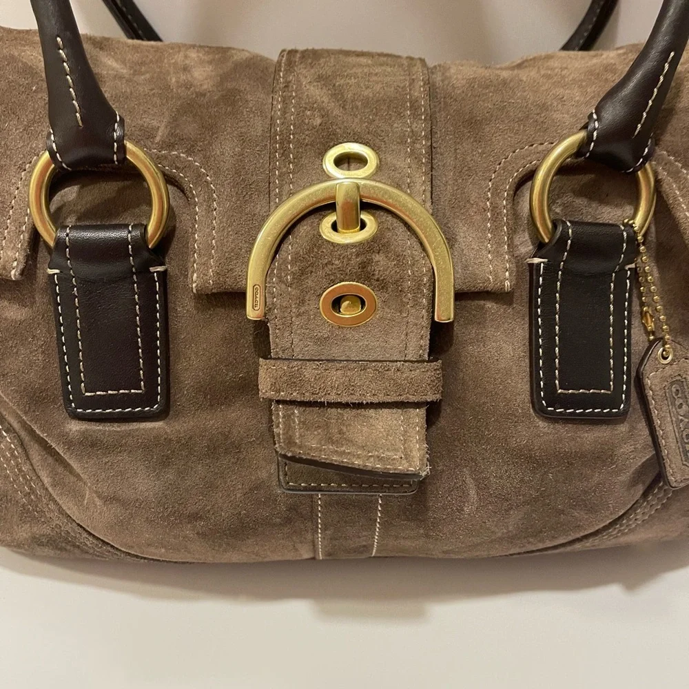 Coach Brown Suede Shoulder Bag with Gold Accents
